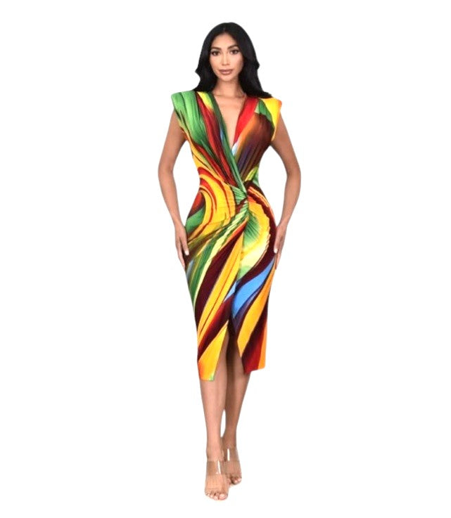 Multicolor Abstract Print Midi Dress