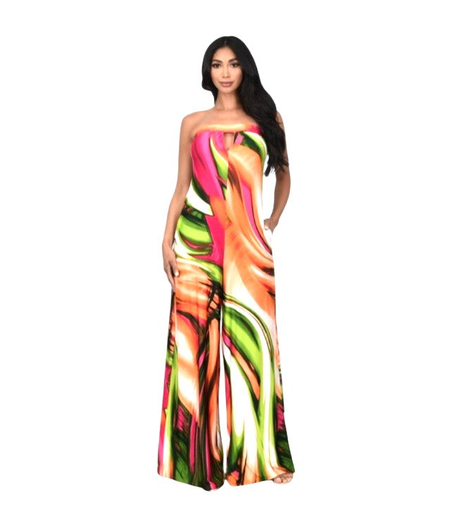 Multicolor Abstract Print Wide Leg Tub Jumpsuit