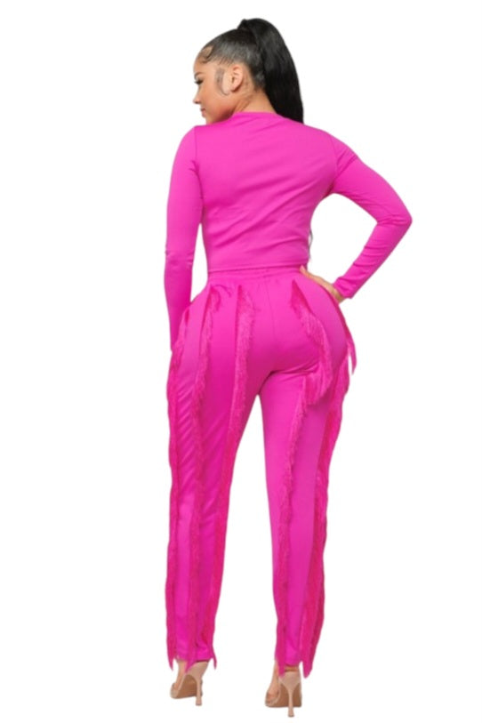 Solid Round Neck Top and Fringes Detail Pants Set Color Fuchsia