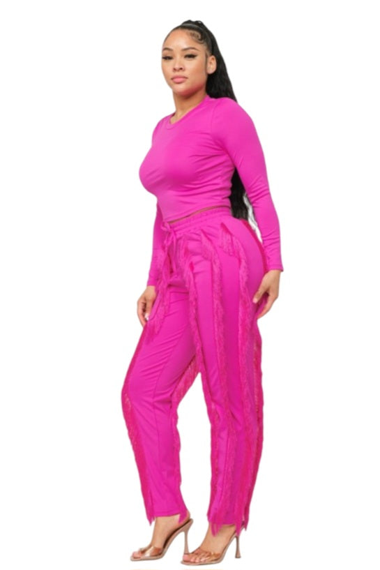 Solid Round Neck Top and Fringes Detail Pants Set Color Fuchsia