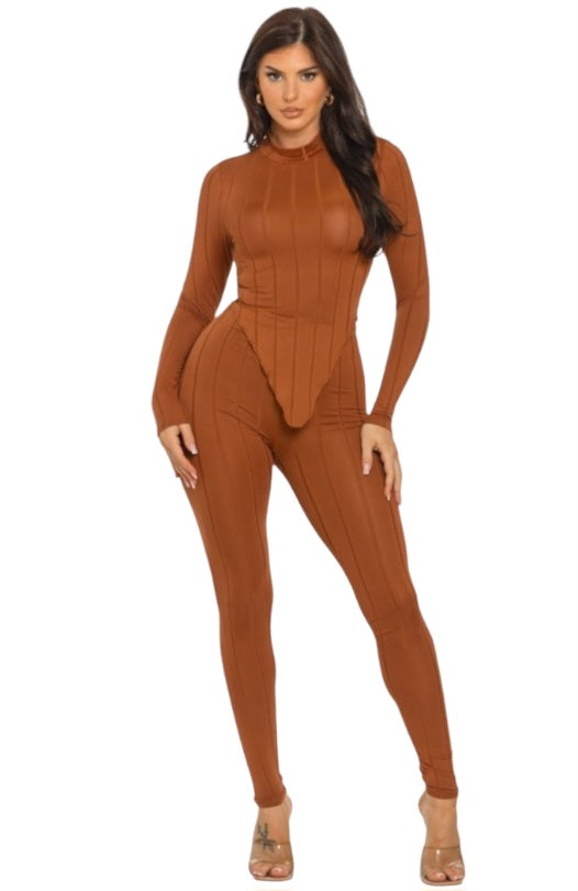 Wavy Merrow Detail Curved Hem Top and Legging Set color Cognac