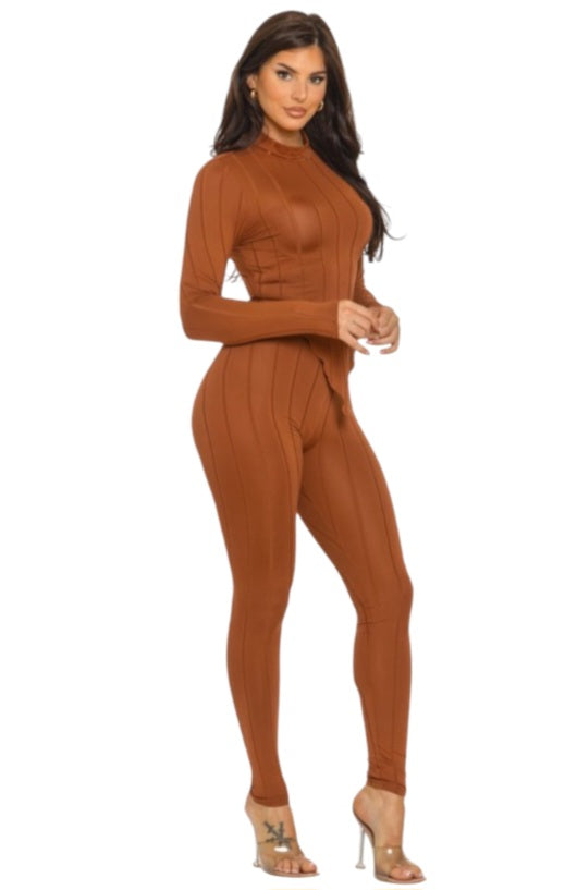 Wavy Merrow Detail Curved Hem Top and Legging Set color Cognac