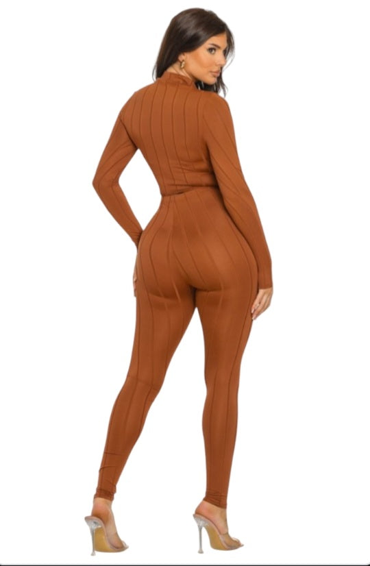 Wavy Merrow Detail Curved Hem Top and Legging Set color Cognac
